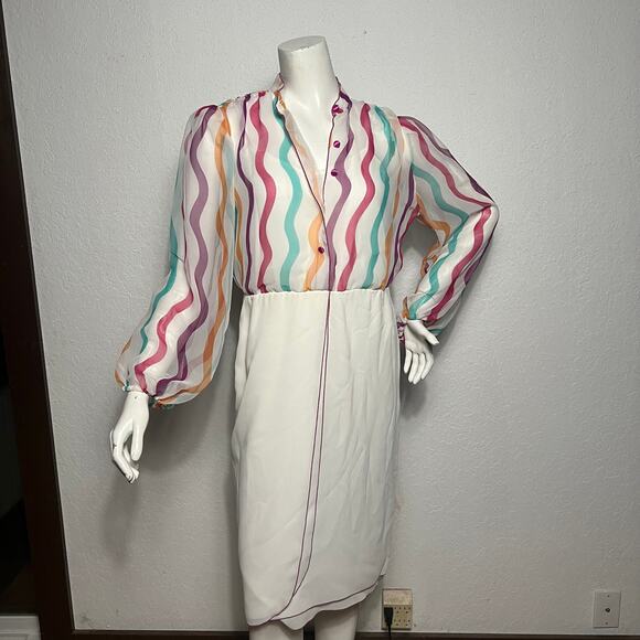 VINTAGE 80s Pat Richards Striped Chiffon Wrap Skirt Dress Sheer Rainbow Size 12 - Picture 2 of 8